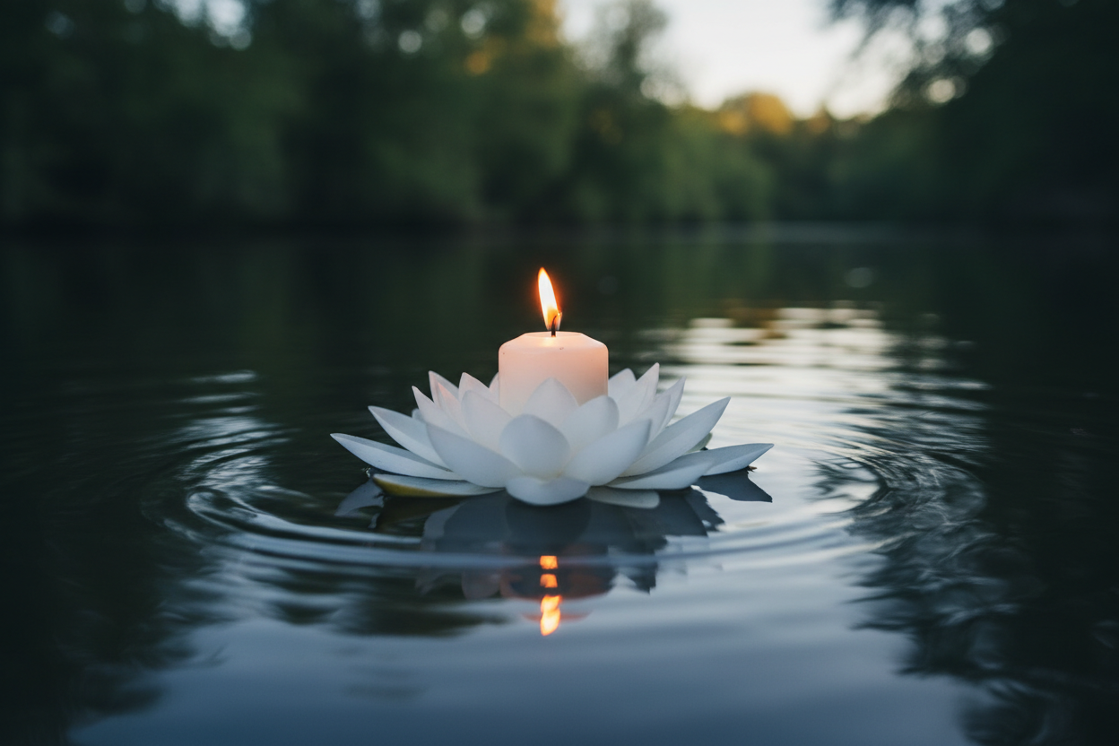 A burning candle floating on a white lotus lily pad in a river. 